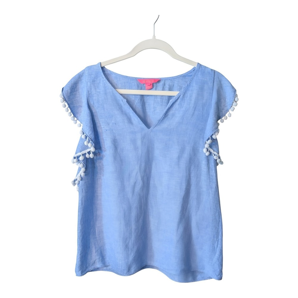 Lilly Pulitzer Linen Ruffle Pom Pom Trim Sleeves Blue Women Blouse Beach Preppy - Picture 3 of 6